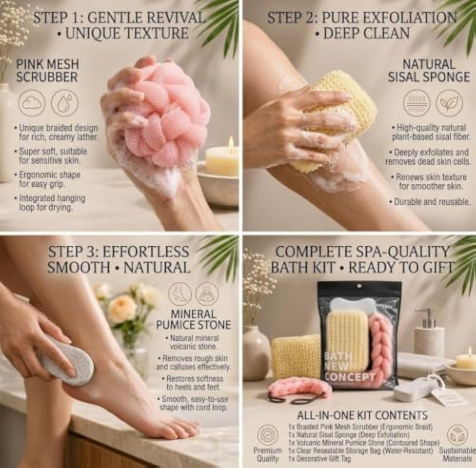 3 in 1 Shower Accessories Set for Deep Cleansing